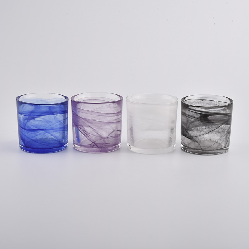 blue colored glass candle holders with cloudy effect