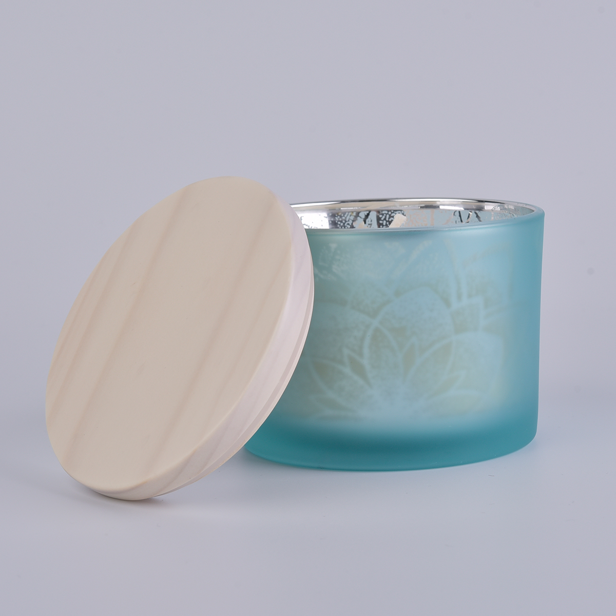 frosted blue glass container with wood lid for candle making