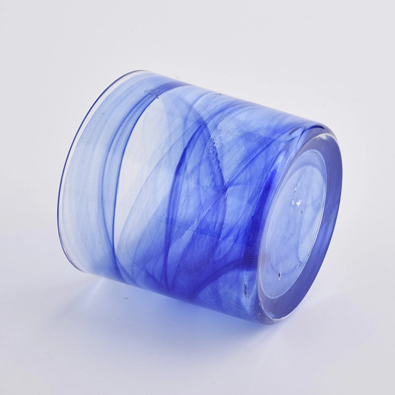 blue colored glass candle holders with cloudy effect