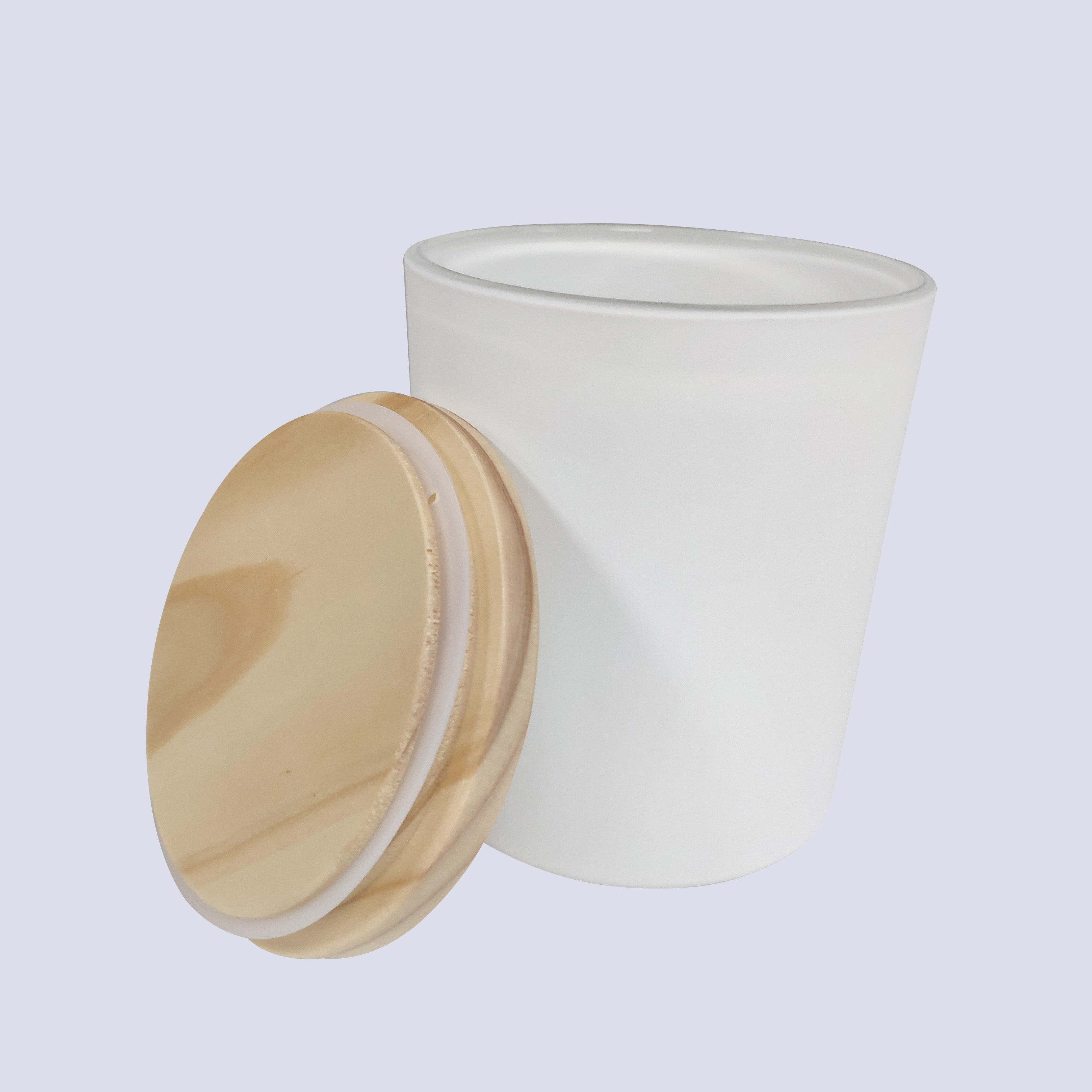 white glass candle holder with wooden lid