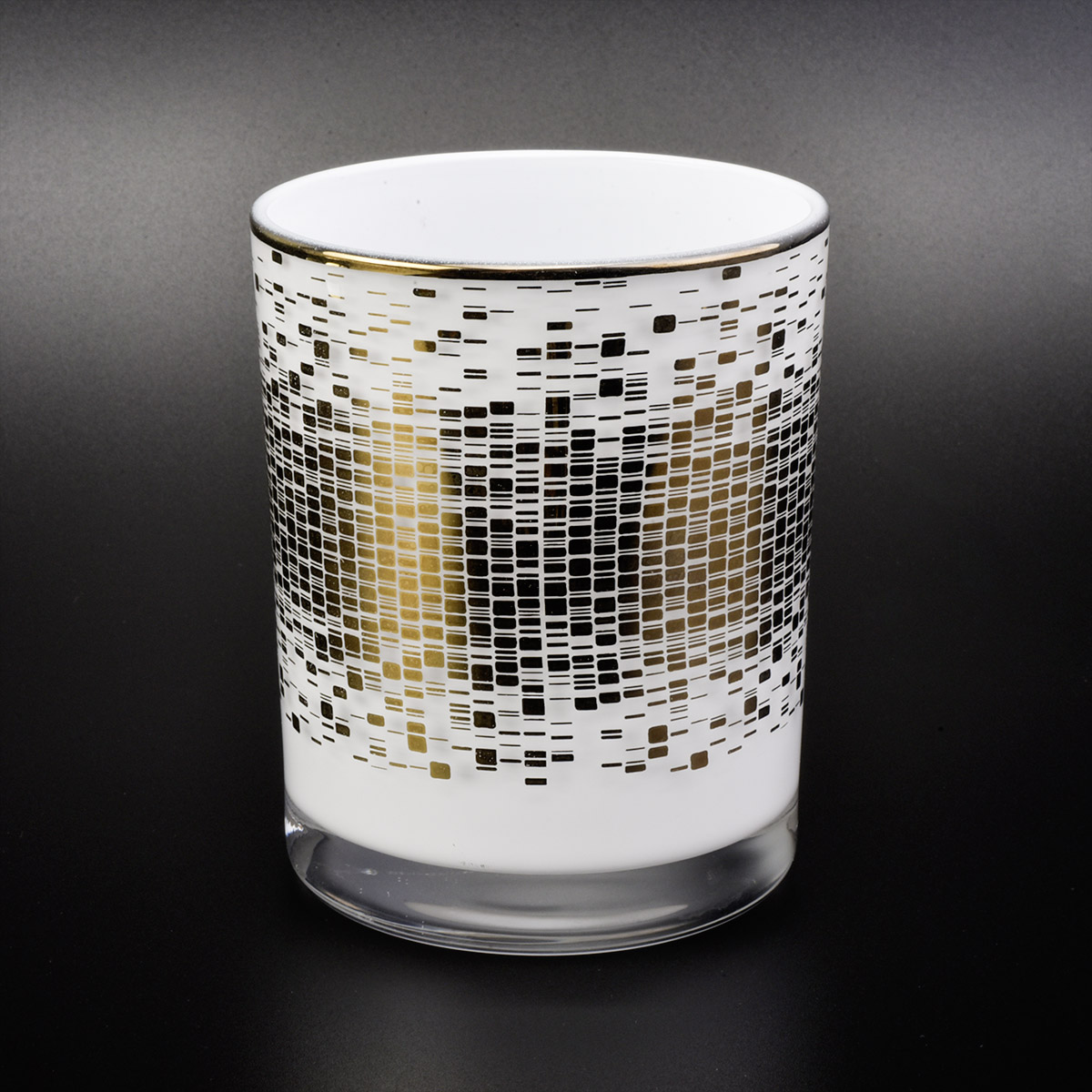 white glass candle holders with gold pattern gold rim