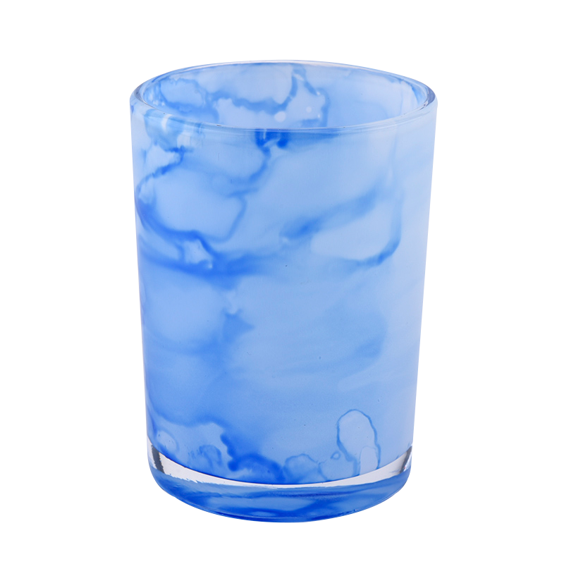 Borong 8oz 10oz Blue Cloud Effect Cylinder Glass Candle Holder for Home Deco
