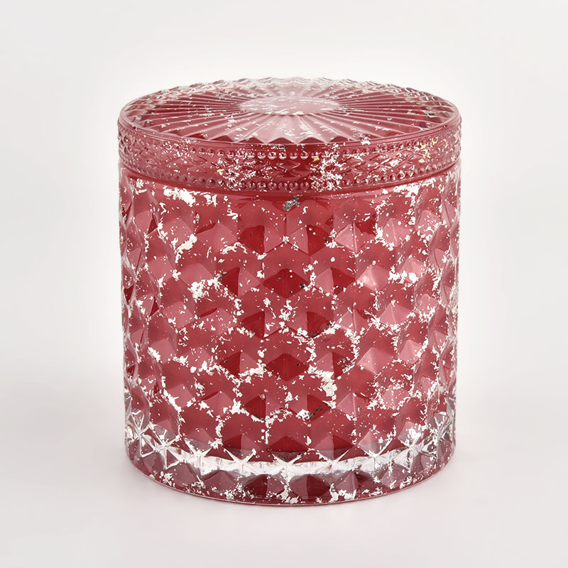 ふたと銀の金属のペンキの飛び散りが付いているクリスマスガラス織りパターンの瓶のための赤い色