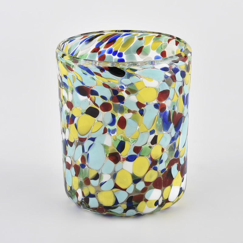 recipient colorat din sticlă suflată manual pentru lumânări borcan superb