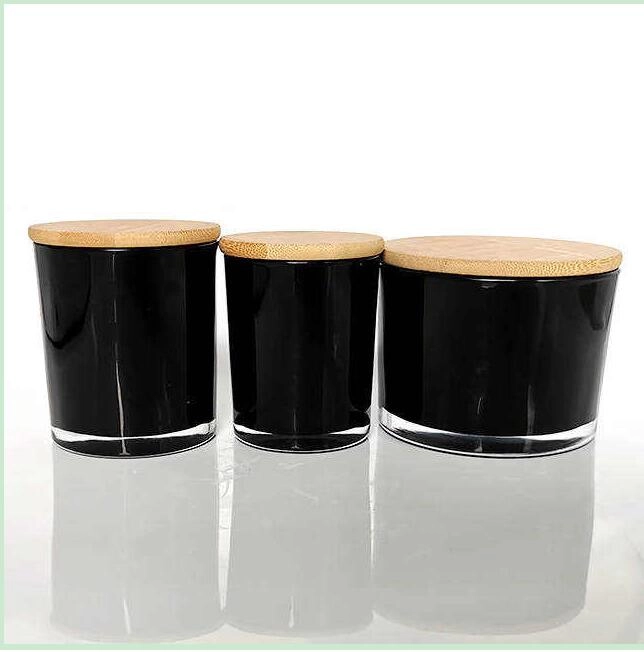 different sizes black glass candle jars with wooden lid