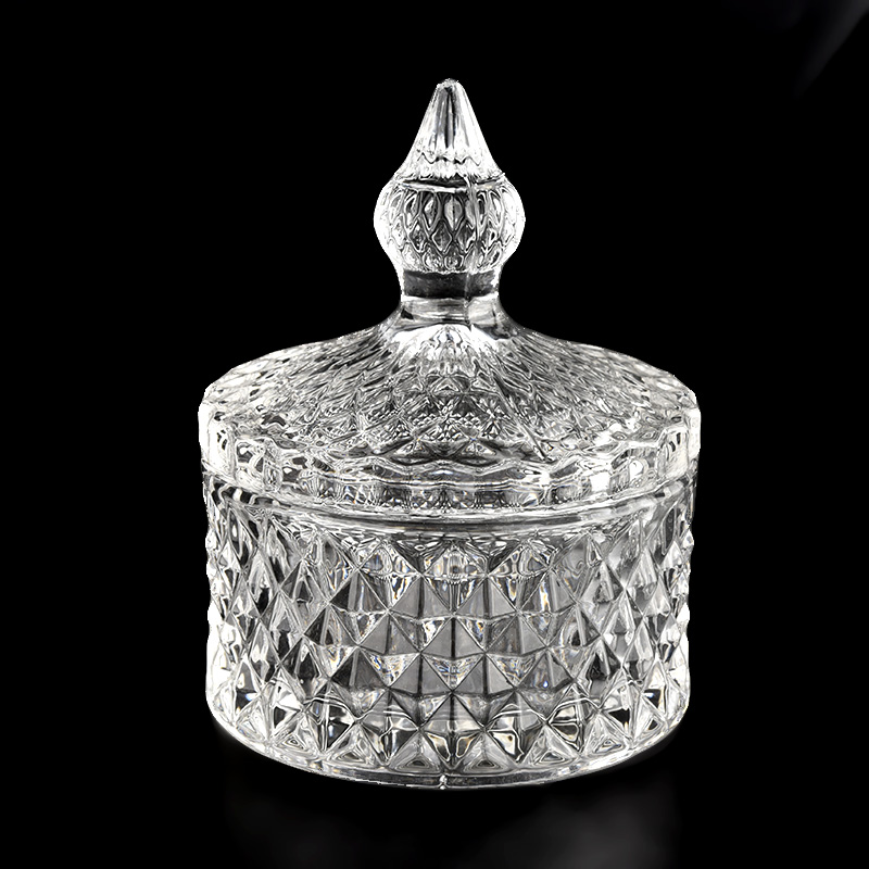 Desain baru botol lilin kaca efek berlian 140ml dengan tutup pegangan untuk pemasok