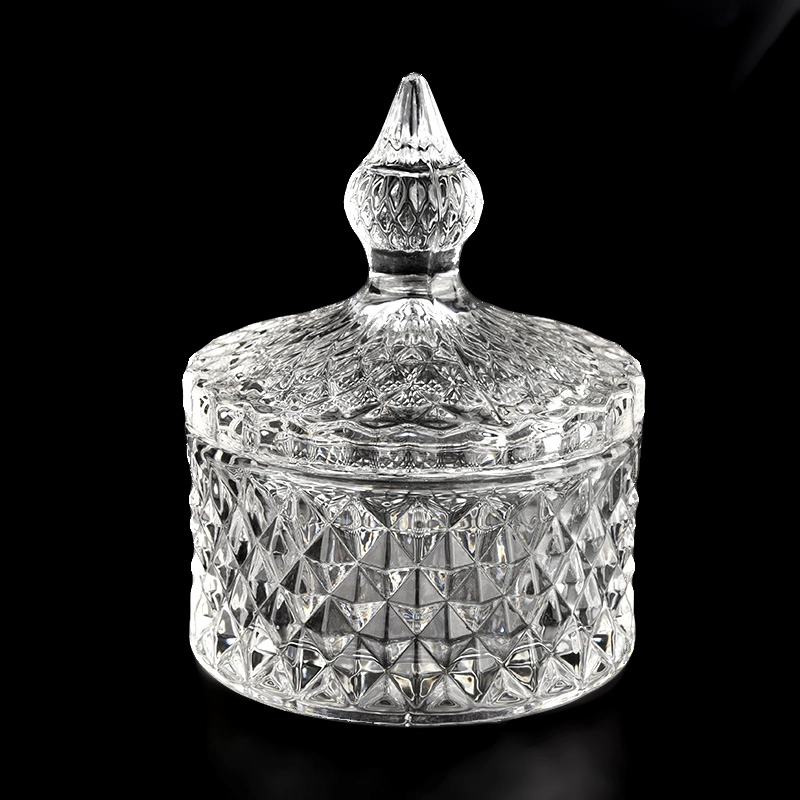 Newly design 140ml diamond effect glass candle jar with handle lids for supplier