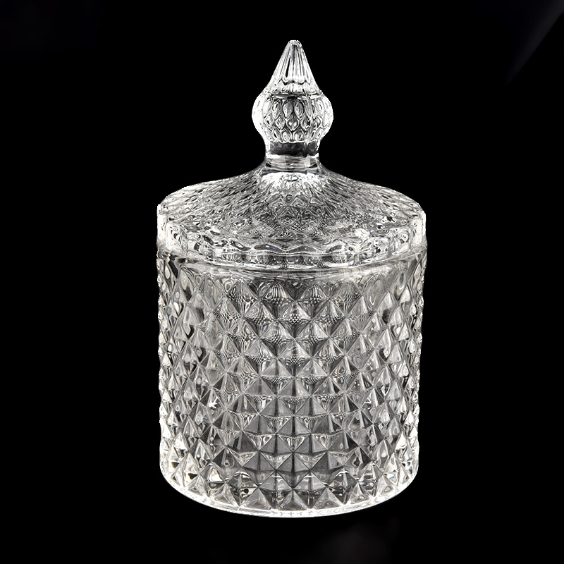 Desain baru 270ml botol lilin kaca efek berlian dengan tutup pegangan untuk grosir