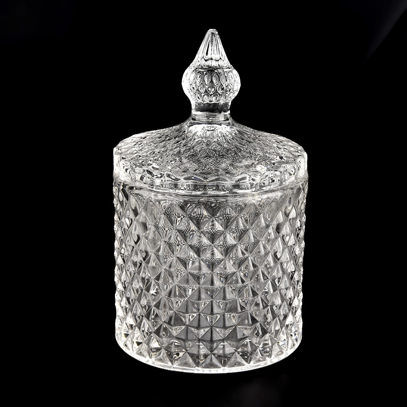 Newly design 270ml diamond effect glass candle jar with handle lids for wholesale