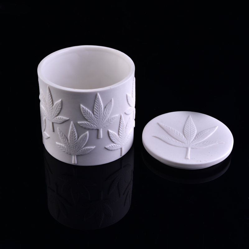 bejana lilin keramik emboss putih dengan tutup grosir