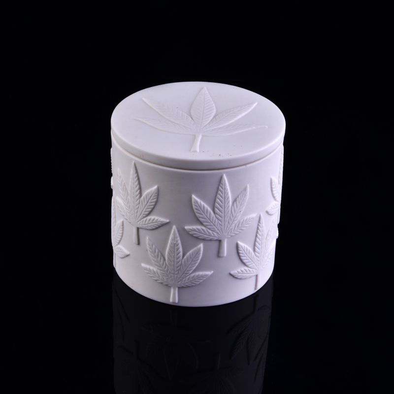 bejana lilin keramik emboss putih dengan tutup grosir