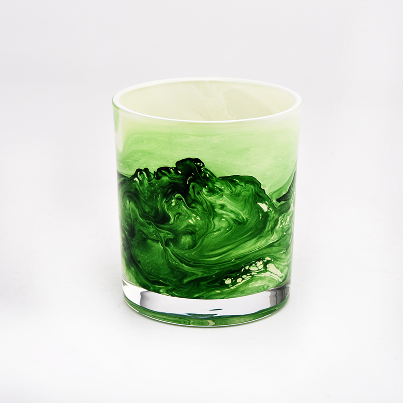 recipiente de vela de vidrio pintado personalizado de montaña verde para la primavera