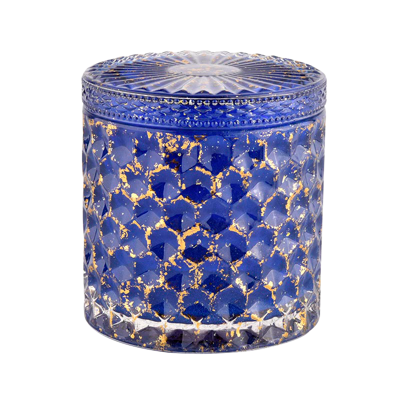 Zakázková značka modré sklo lesklý skleněný svícen domácí dekorace dóza na svíčky s víčky