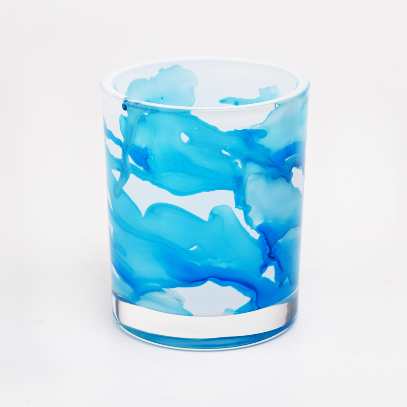 vaso de vela de vidro de mármore de cor misturada azul