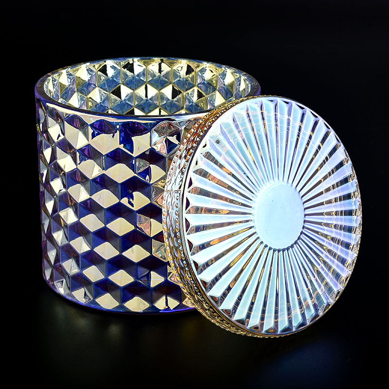 Pot à bougie en verre irisé avec couvercles Bougeoir en verre holographique Pot à bougie en verre diamant
