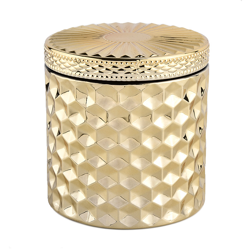 Tarro de vela de cristal de diamante con tapas Portavelas de cristal dorado al por mayor