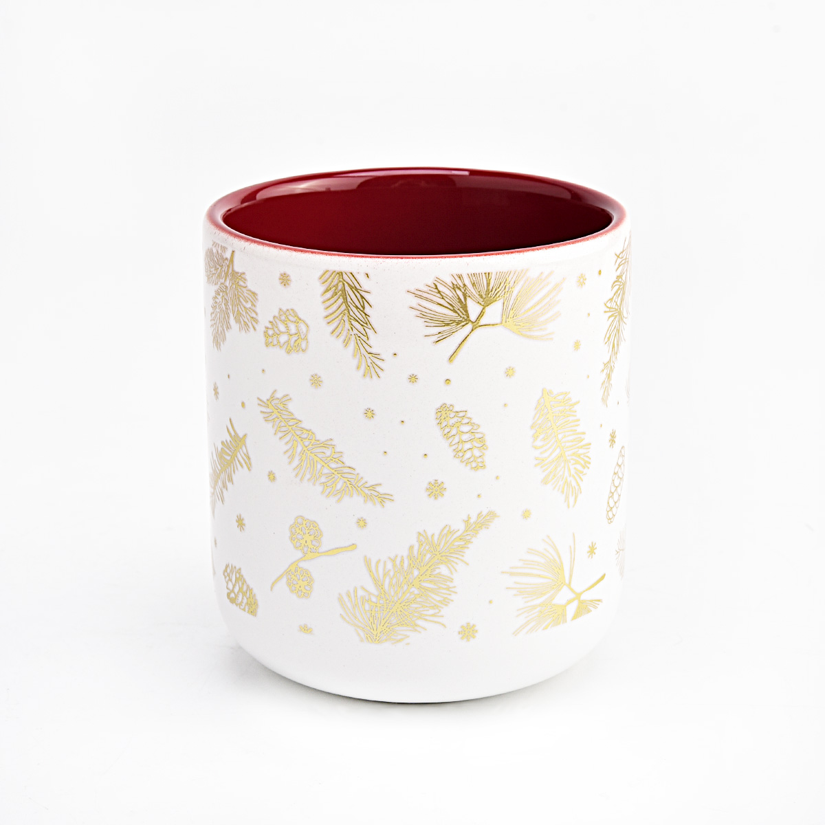recipiente de vela de cerámica con patrón dorado para Navidad