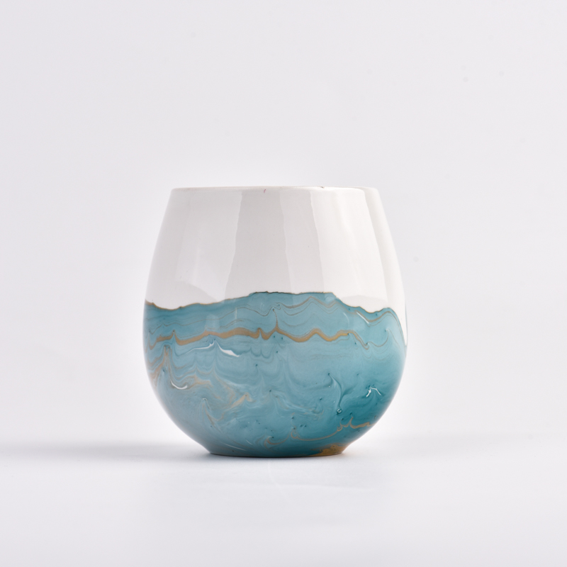 Luxuriöses weißes Keramikkerzenglas mit blauer Kunstwerkmalerei