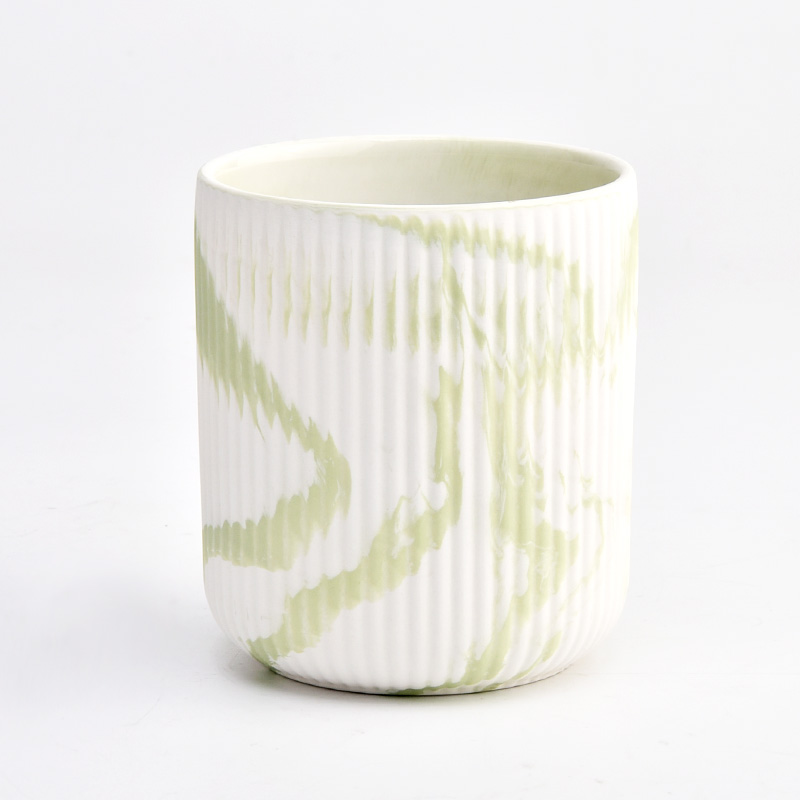 Customized green color artwork effect on the 450ml vertical line ceramic candle holder for supplier