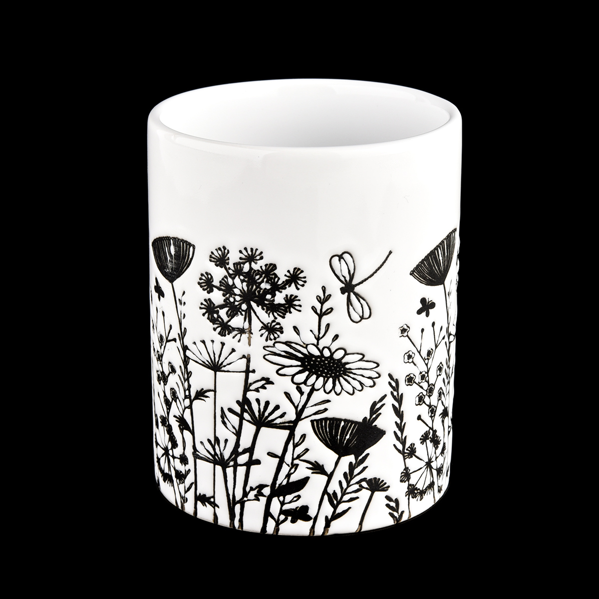 12 oz white ceramic vessel with decorative black print flower patterns