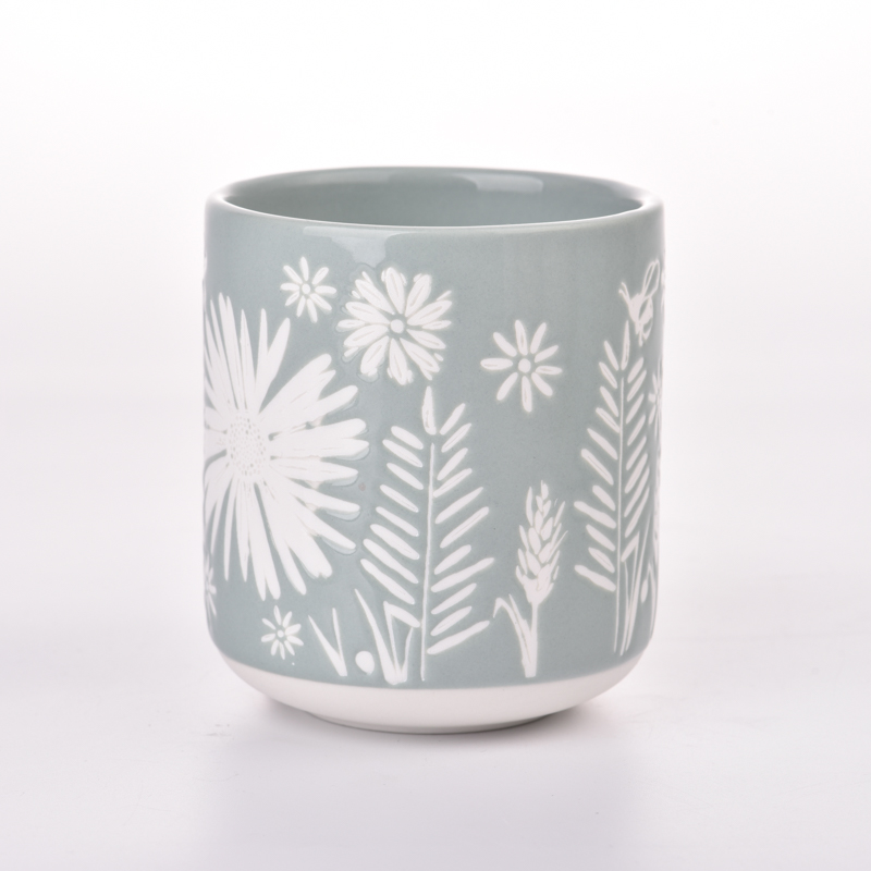 Motif de fleurs de luxe sur le pot de bougie en céramique bleue pour le fournisseur