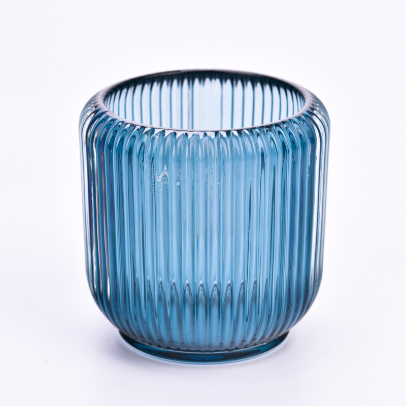 Wholesale newly design vertical line jar with blue color on 8oz glass candle holder