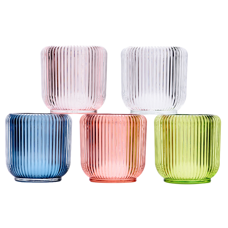 Wholesale cutomized color on newly design 8oz vertical line glass candle holder for wedding