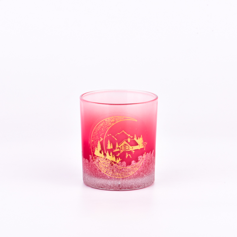 Warna merah jambu kecerunan popular dengan corak tersuai emas pada pemegang lilin kaca 300ml untuk diborong