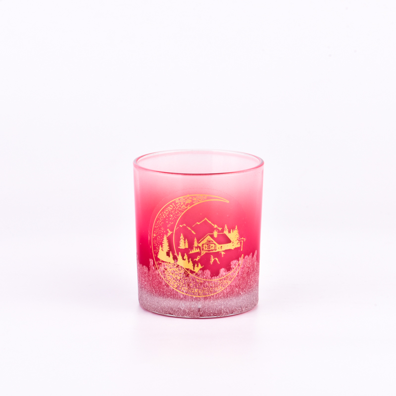 Warna pink gradien populer dengan pola khusus emas pada tempat lilin kaca 300ml untuk grosir