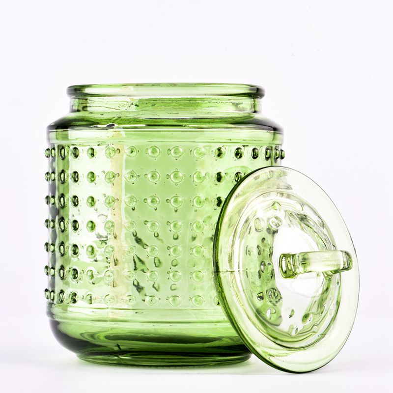 горещи продажби цвят hobnail стъклен буркан за свещи с капак