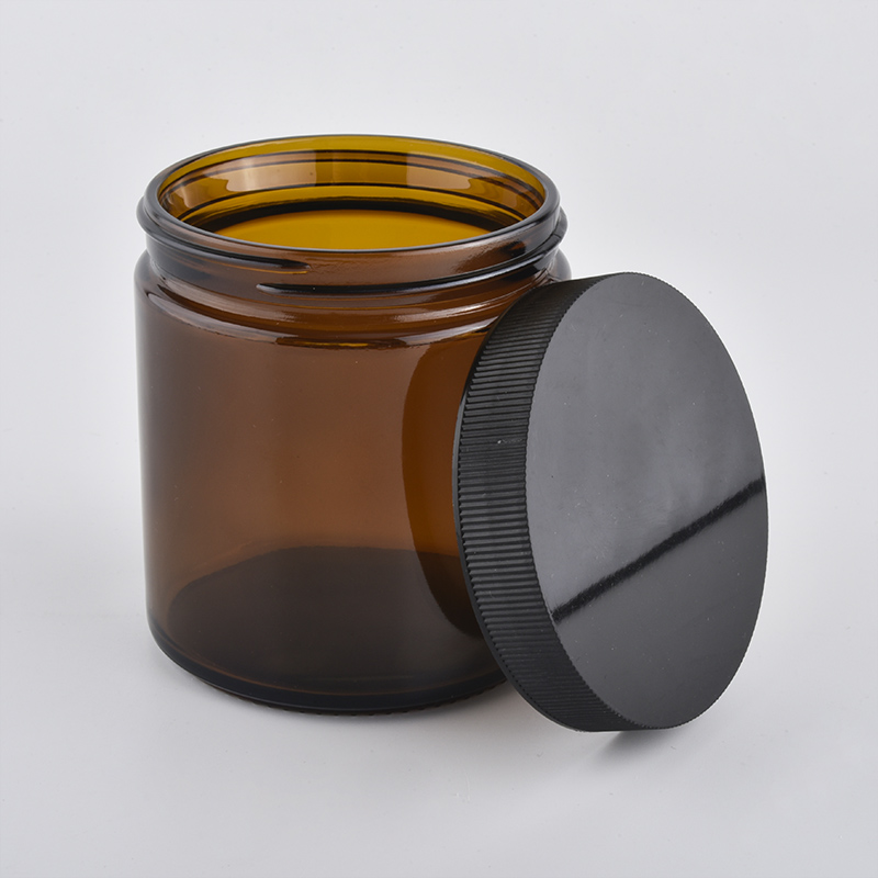 popular tarro de vela de vidrio de color ámbar de 12 oz con tapa negra al por mayor