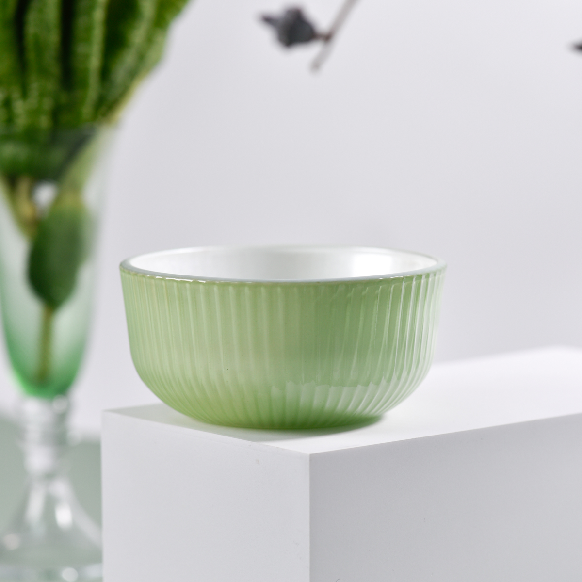 Grand récipient de bougie en verre de luxe, pot de bougie en verre de couleur verte, vente en gros