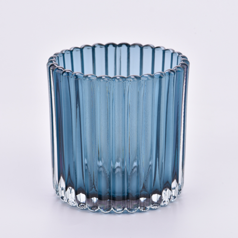파란 색깔 장식을 가진 도매 현대 늑골이 있는 유리제 초 그릇