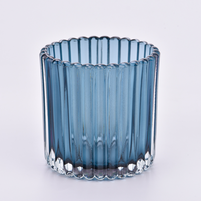 Engros Moderne Ribbed Glass Lysekar med blå farge dekor