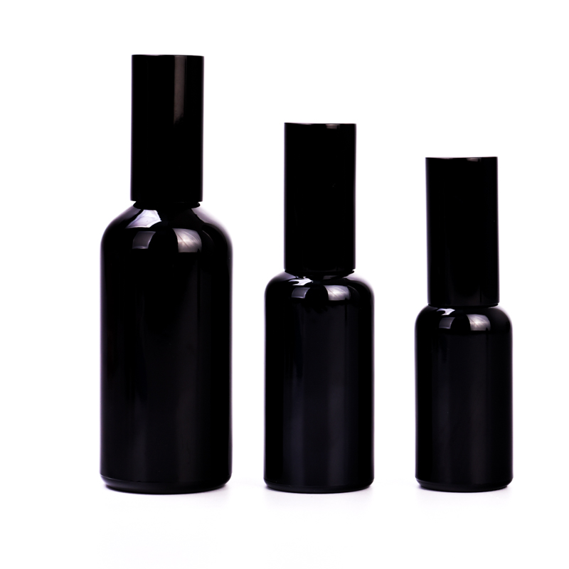 Продажба на едро 50 ml-100 ml лъскава черна стъклена бутилка с лъскава черна капачка за домашен декор