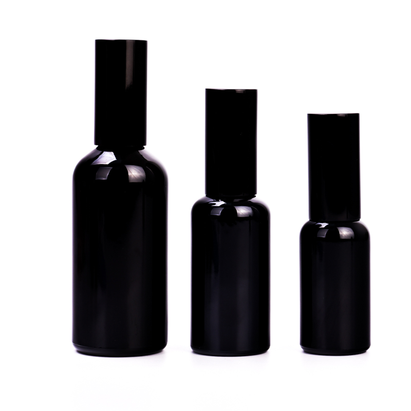 Wholesale 50ml-100ml shiny black glass bottle with shiny black cap  for home deco