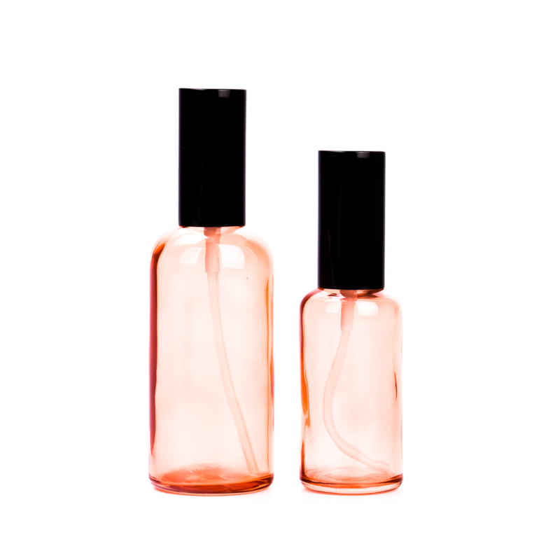 Luxury 50ml-100ml shiny pink glass bottle with shiny black cap  for supplier