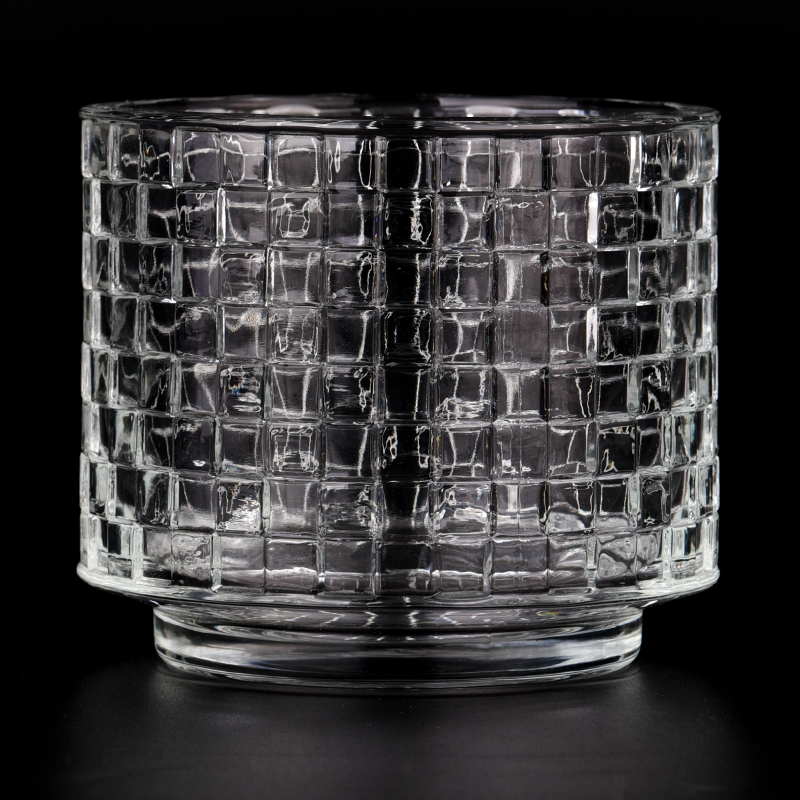 Customized clear 456ml glass candle holder with square pattern design supplier