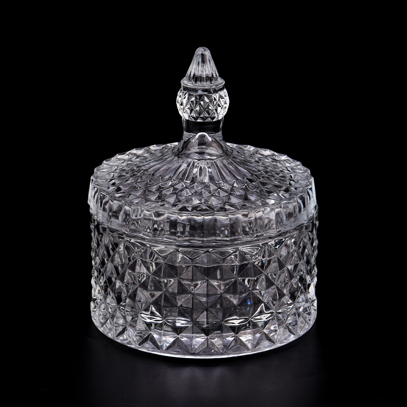 Recém-projetado recipiente de vela de vidro de 8 onças com efeito de diamante com alça para atacado
