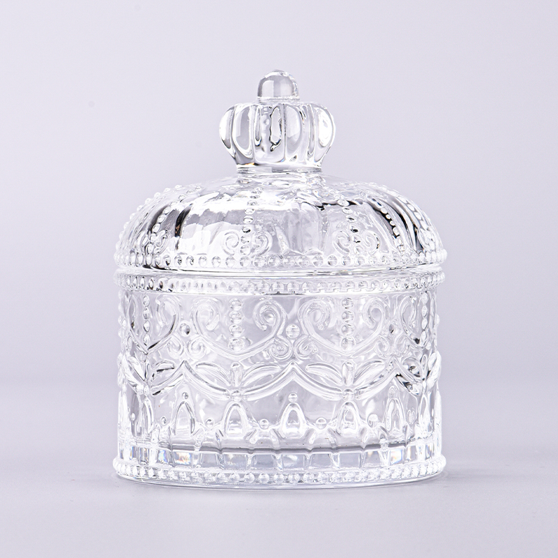 Луксозен персонализиран стъклен свещник във формата на замък от 200 мл с коронни капаци за продажба на едро