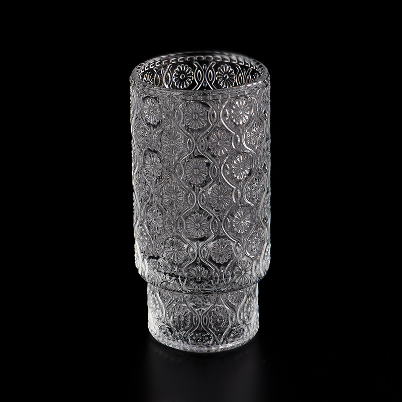 Venda al por mayor los tarros de cristal grabados en relieve del paso del tarro de la vela del modelo