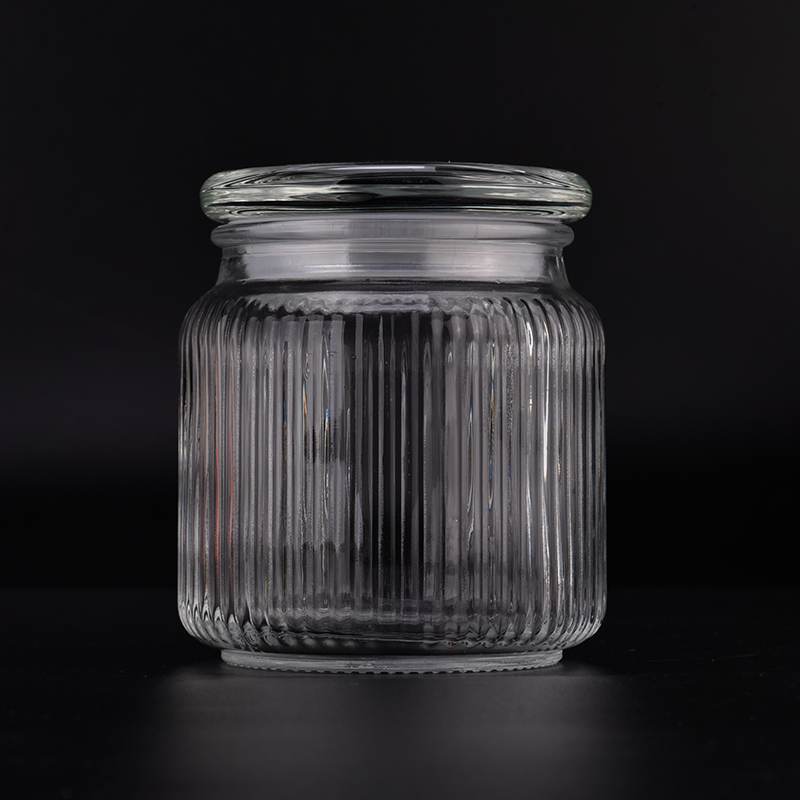 Hot sale 600ml vertical line glass jar na may tugmang glass lids para sa home deco