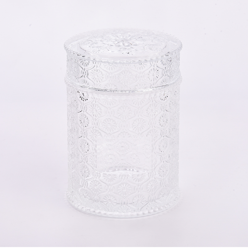 Wholesale 741ml glass candle jar with lid flower pattern candle container