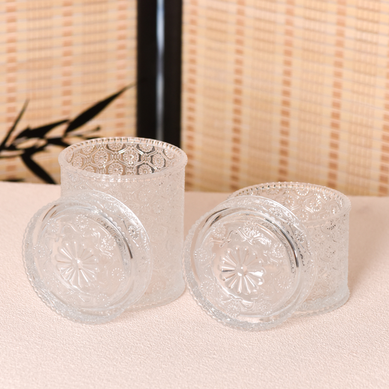 741ml glass candle jar with lid flower pattern candle container