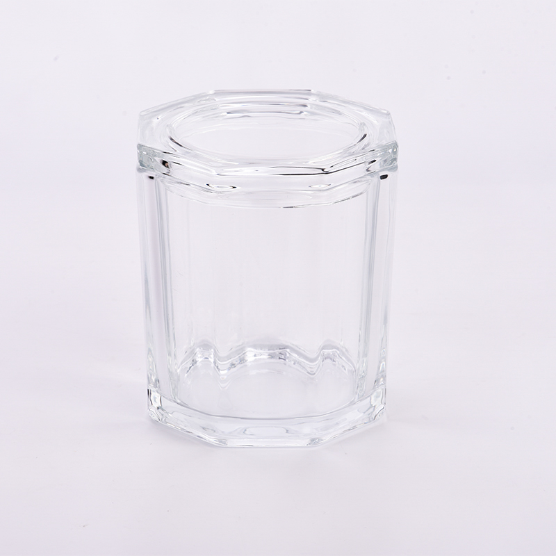 Grosir logo kustom segi delapan 691ml stoples lilin kaca kapasitas besar transparan dengan penutup