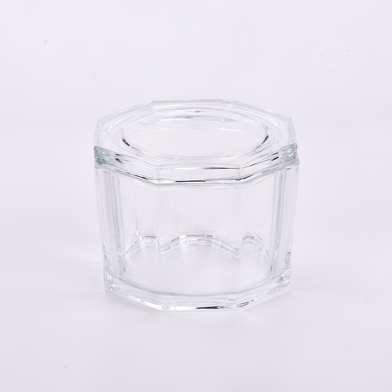 Frasco de vela de vidro transparente octógono de design no atacado com tampa recipientes de vela de grande capacidade