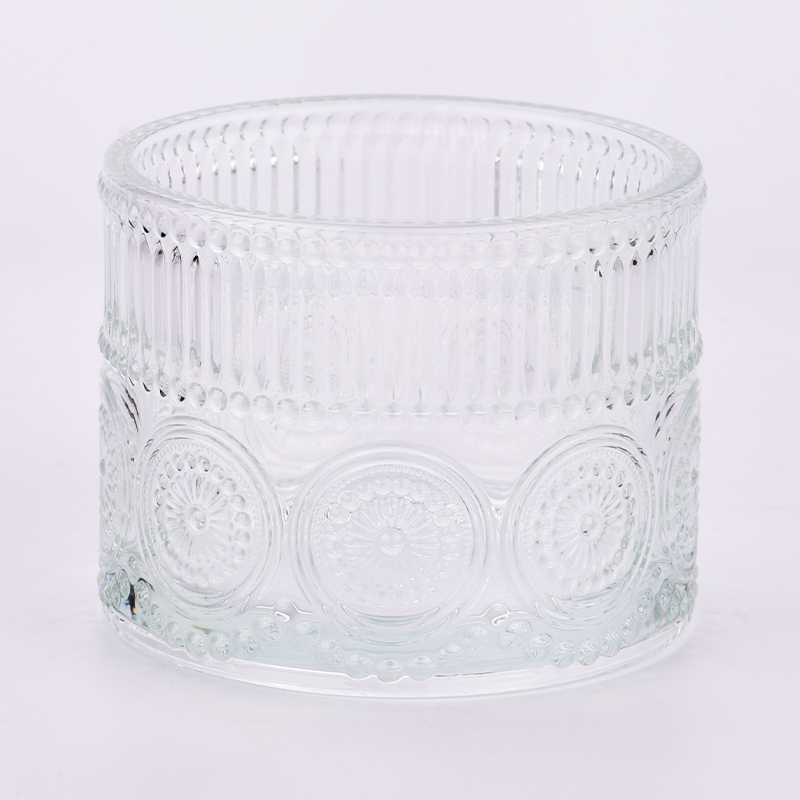 Vairumtirdzniecības caurspīdīga stikla sveču burka tukša ar reljefu logotipu vairumā