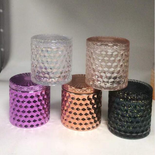 frascos de velas de vidrio con efecto espejo con patrón de diamantes de diferentes acabados