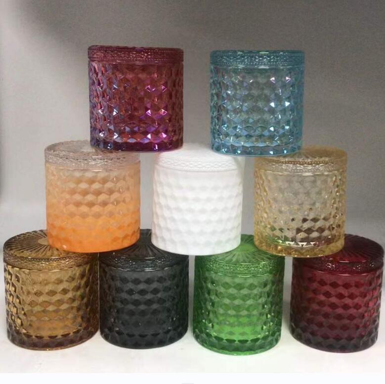 potes de vela de vidro espelhado com padrão tecido de diamante com acabamentos diferentes