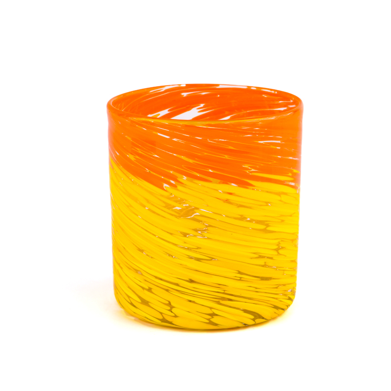 批发手绘黄色和橙色图案的玻璃蜡烛罐